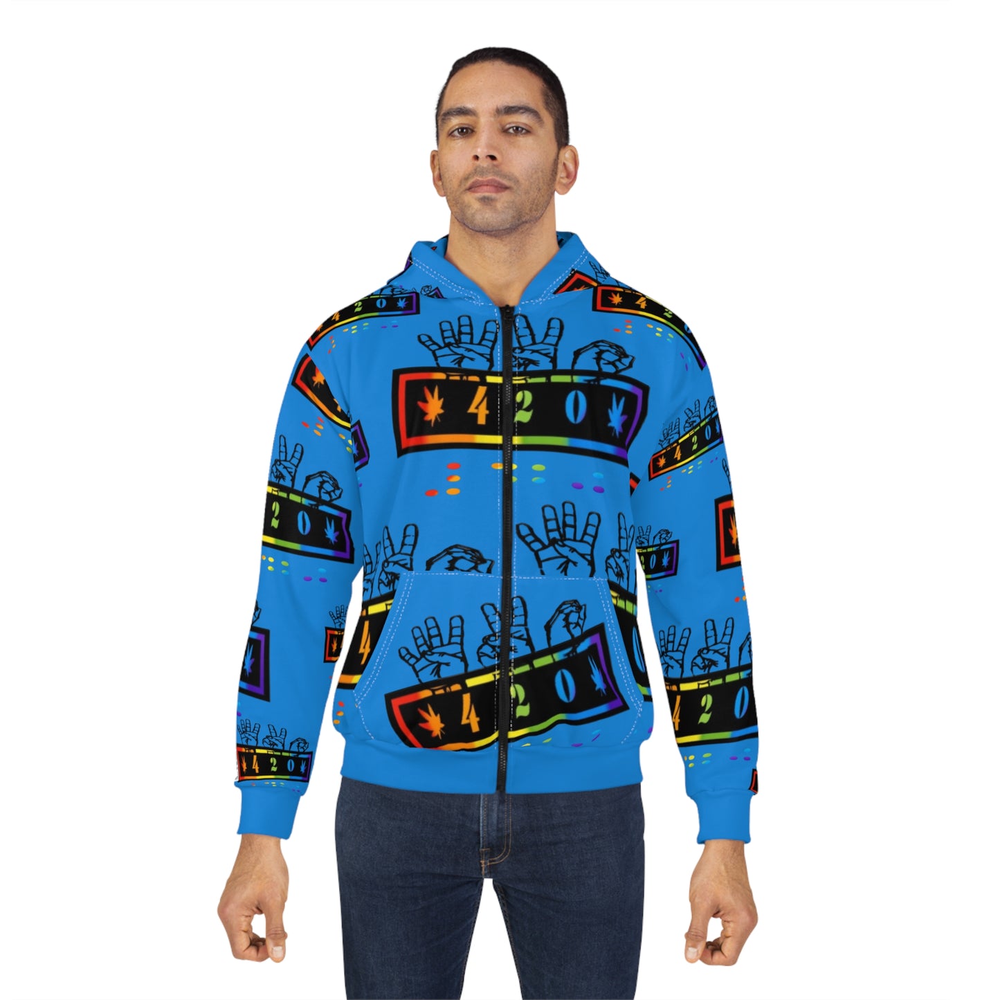 420 Rainbow Zip Blue Hoodie — Cannabis Symbol Graphic All-Over Print