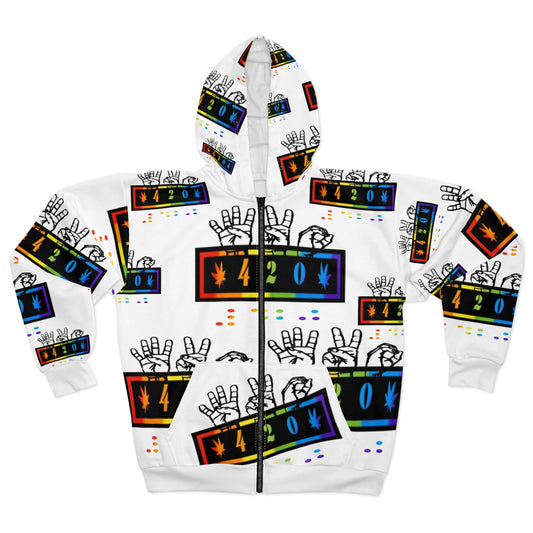 420 Rainbow Zip Hoodie — Cannabis Symbol Graphic All-Over Print