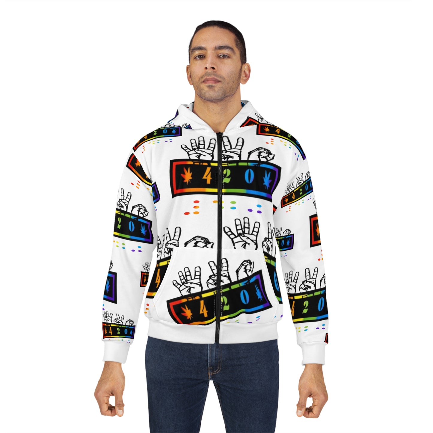 420 Rainbow Zip Hoodie — Cannabis Symbol Graphic All-Over Print