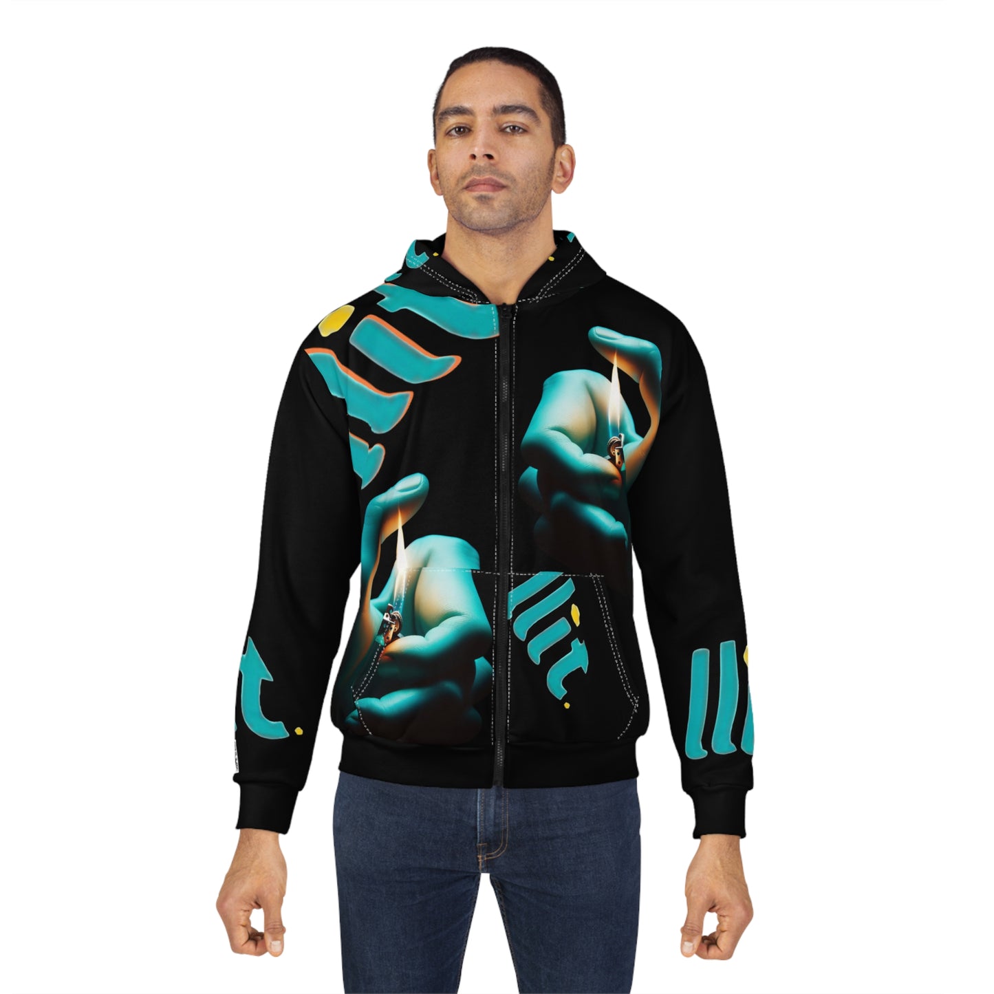 LLit Lighter Flame Zip Hoodie — Photoreal Hands & Flame All-Over Print Hoodie
