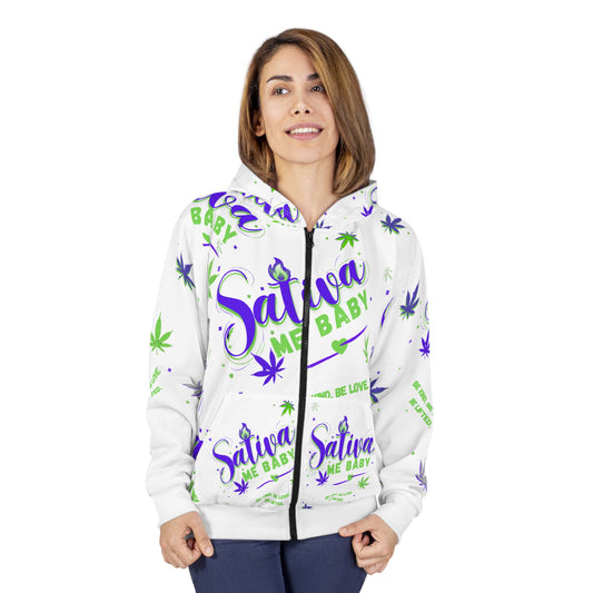 Sativa Me Baby Zip Hoodie — White All-Over Cannabis Print