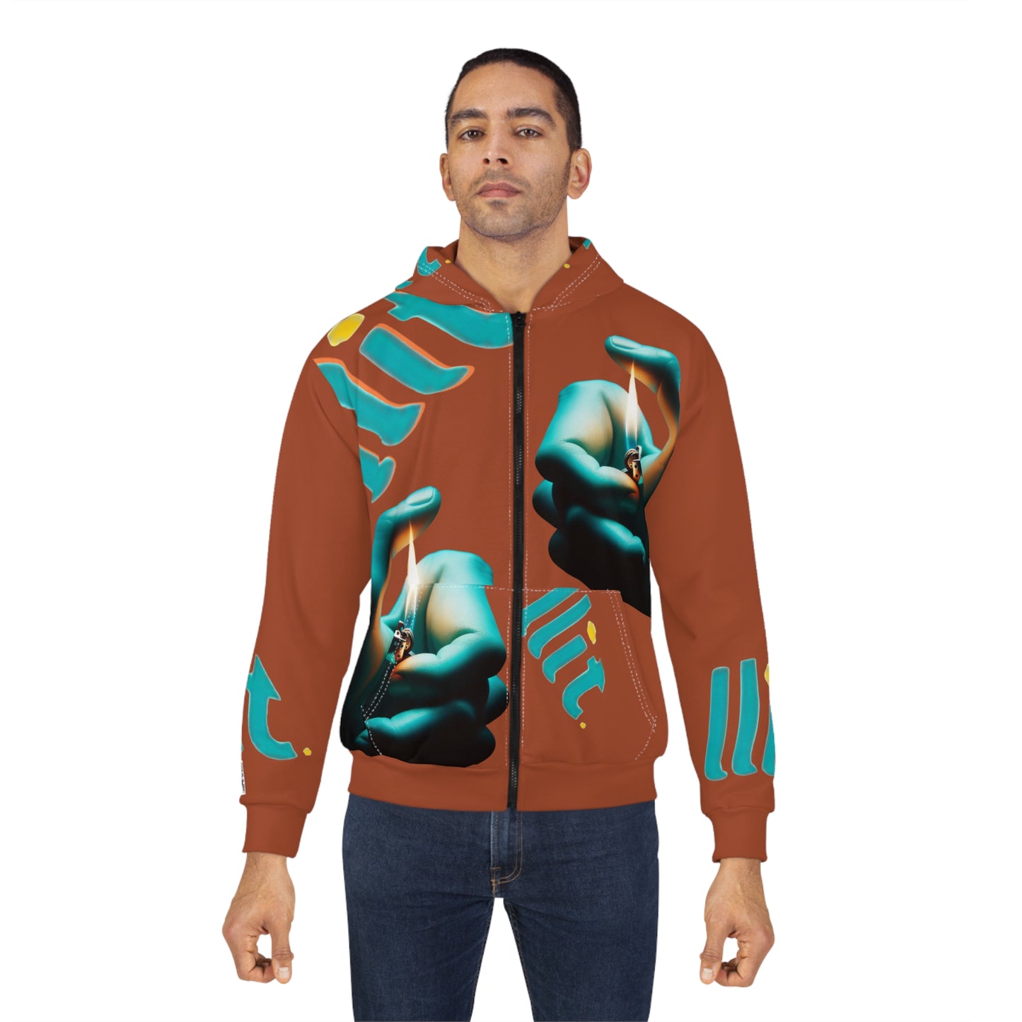 LLit Lighter Flame Zip Hoodie — Photoreal Hands & Flame All-Over Print Hoodie