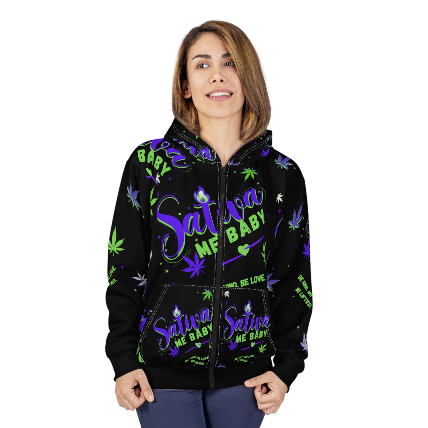 Sativa Me Baby Zip Hoodie — Black All-Over Cannabis Print