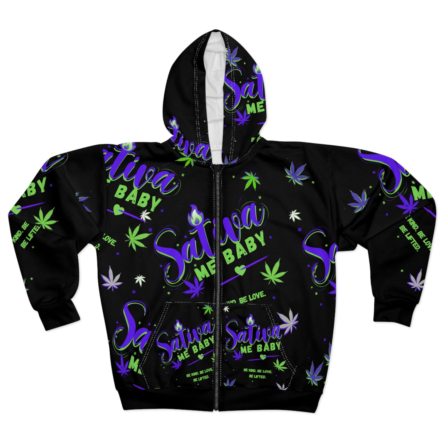 Sativa Me Baby Zip Hoodie — Black All-Over Cannabis Print
