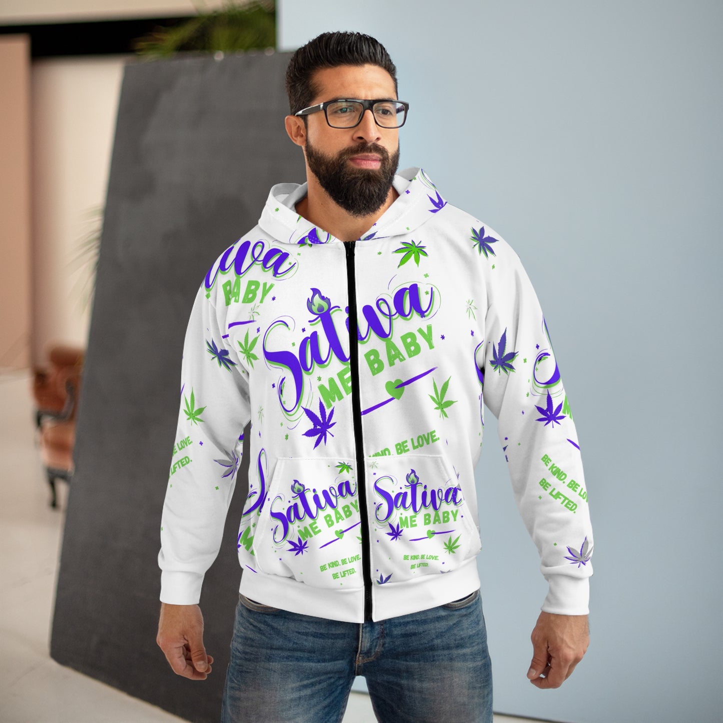 Sativa Me Baby Zip Hoodie — White All-Over Cannabis Print