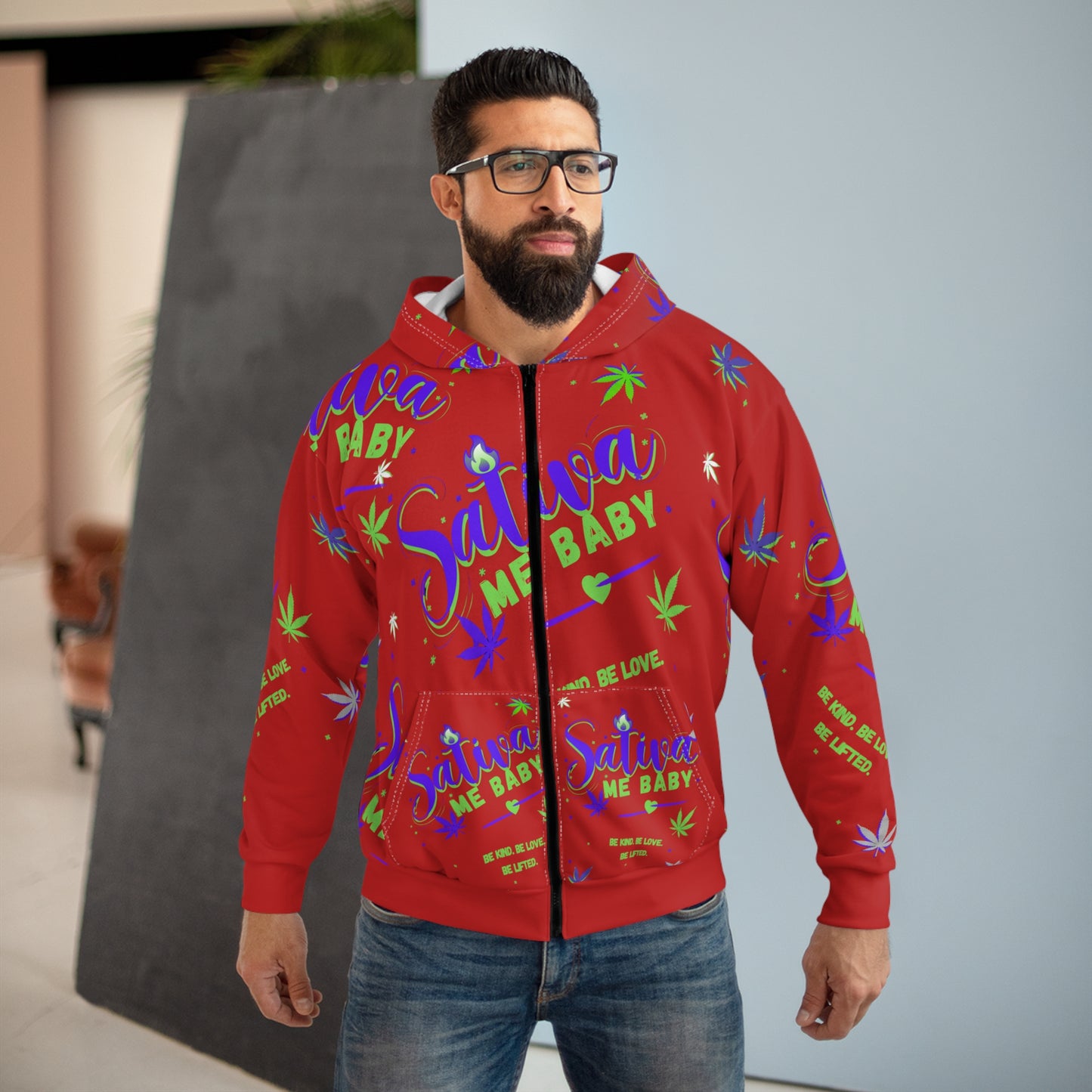 Sativa Me Baby Zip Hoodie — Red All-Over Cannabis Print