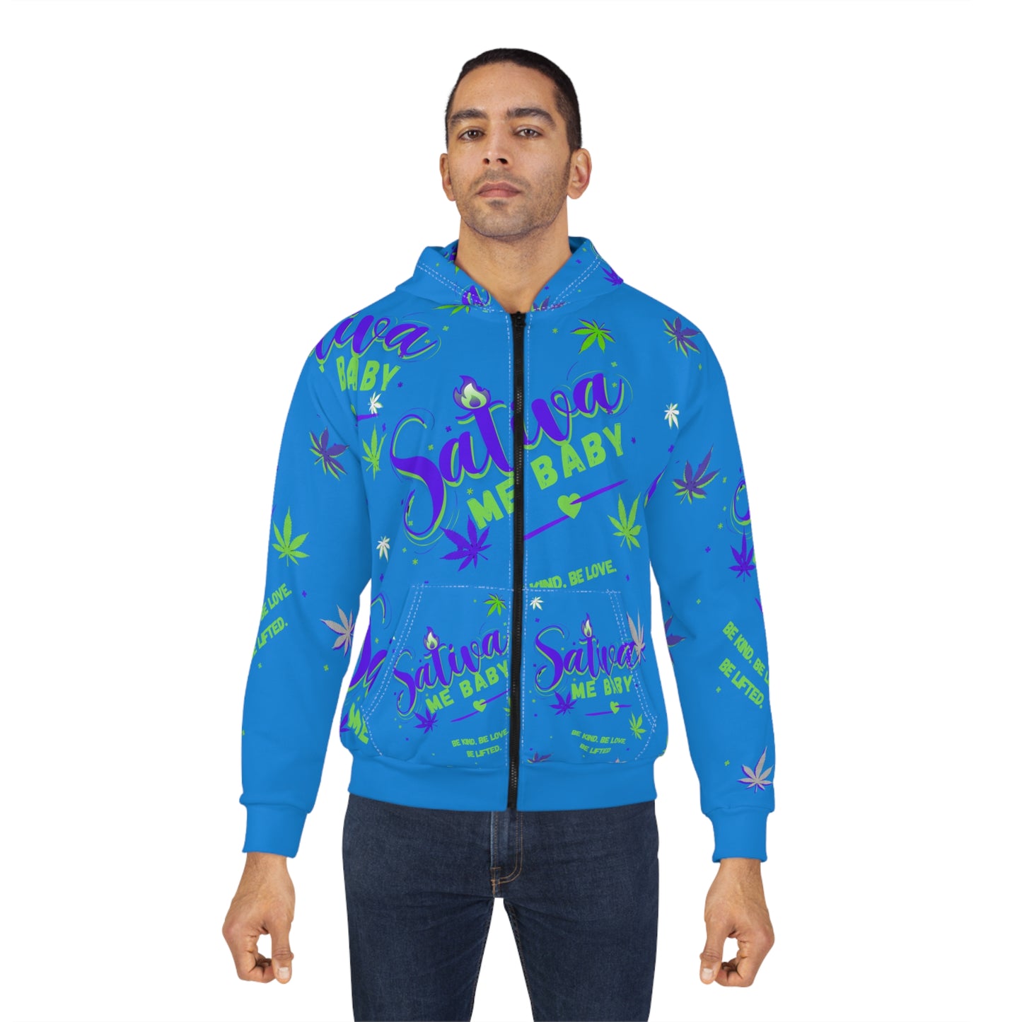 Sativa Me Baby Zip Hoodie — Blue All-Over Cannabis Print