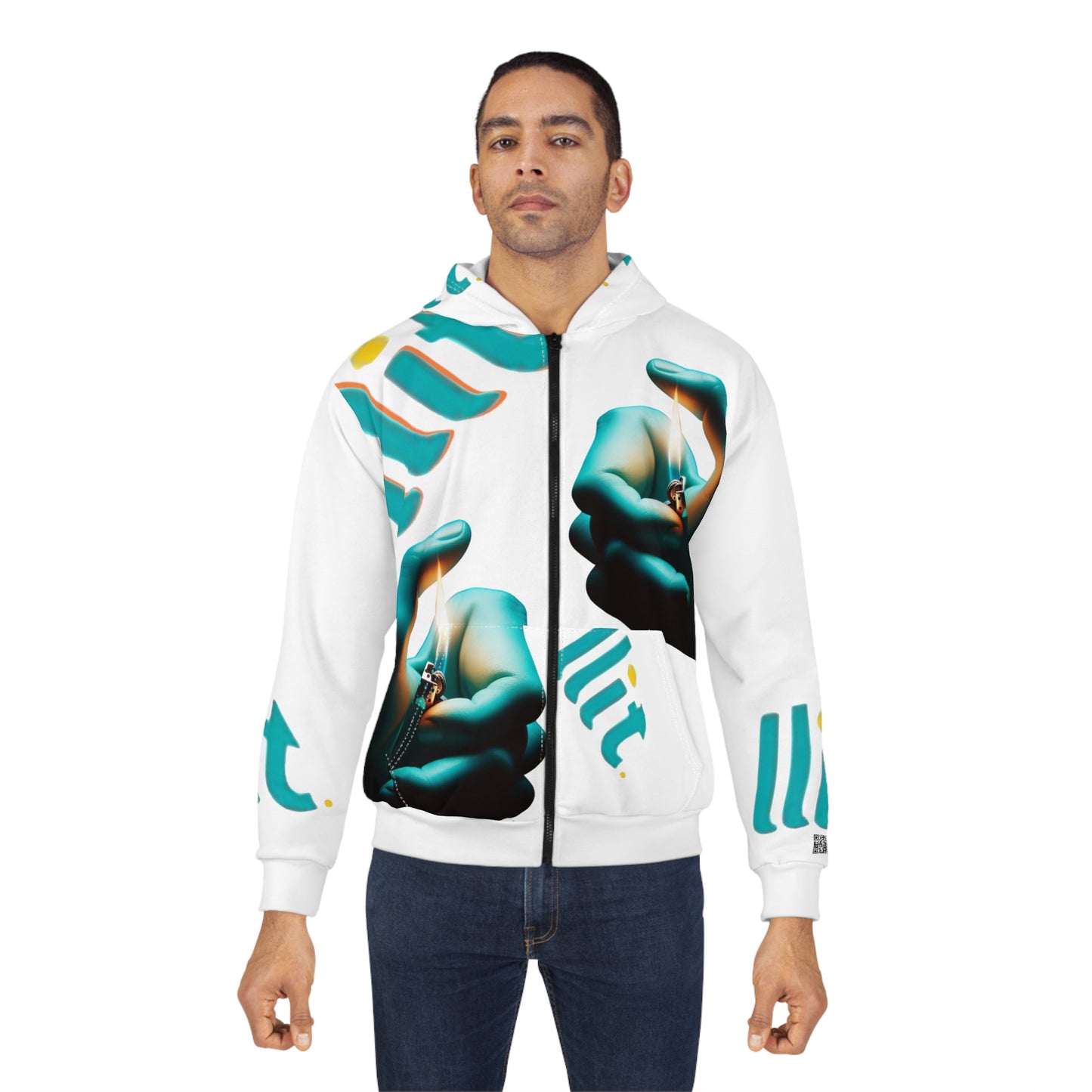 LLit ~ Lighter Hands Zip Hoodie — Bold Photographic All-Over Print