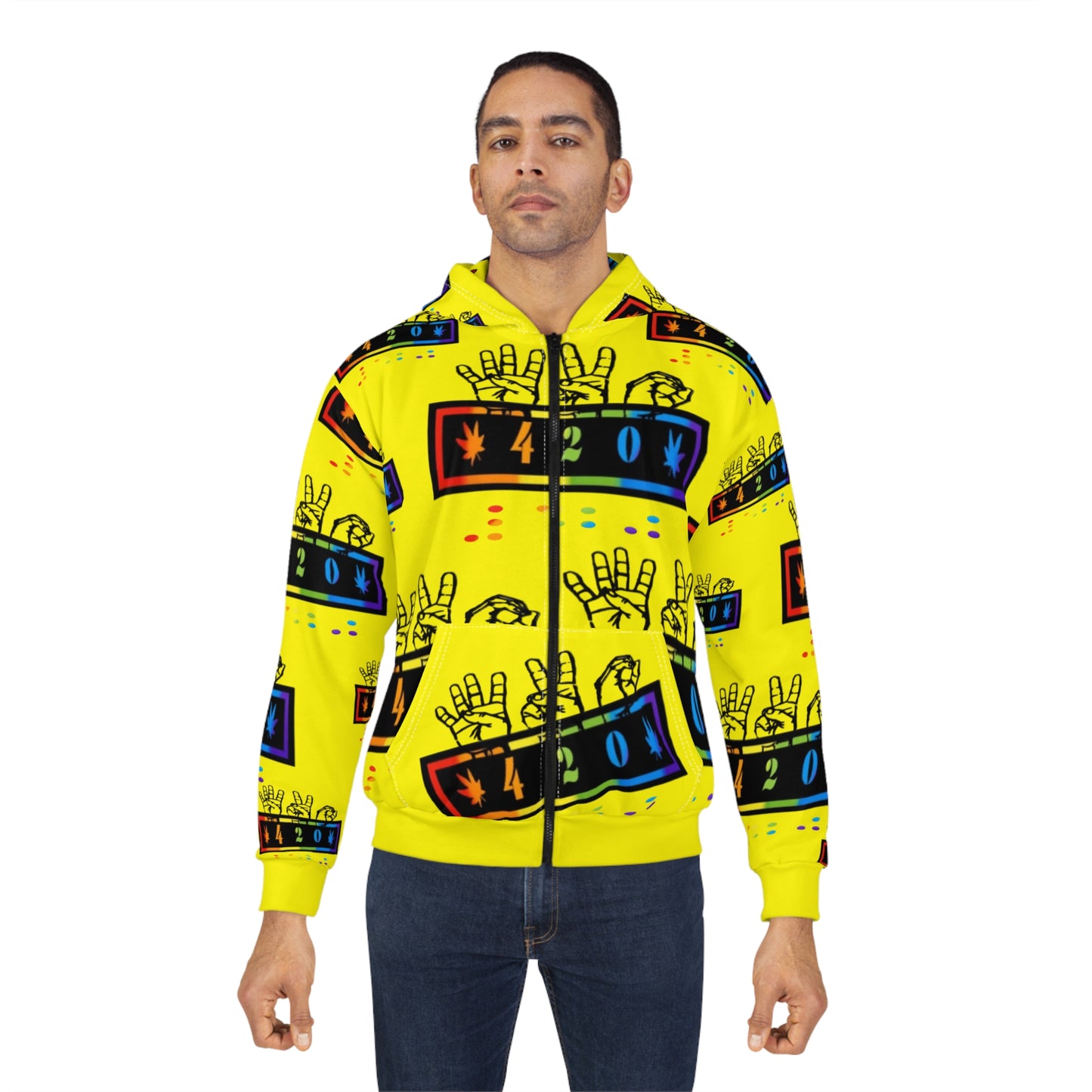 420 Rainbow Zip Yellow Hoodie — Cannabis Symbol Graphic All-Over Print