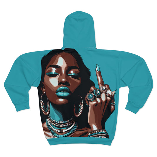 FYF ~ Bold Teal Statement Zip Hoodie — Fierce Queen Graphic