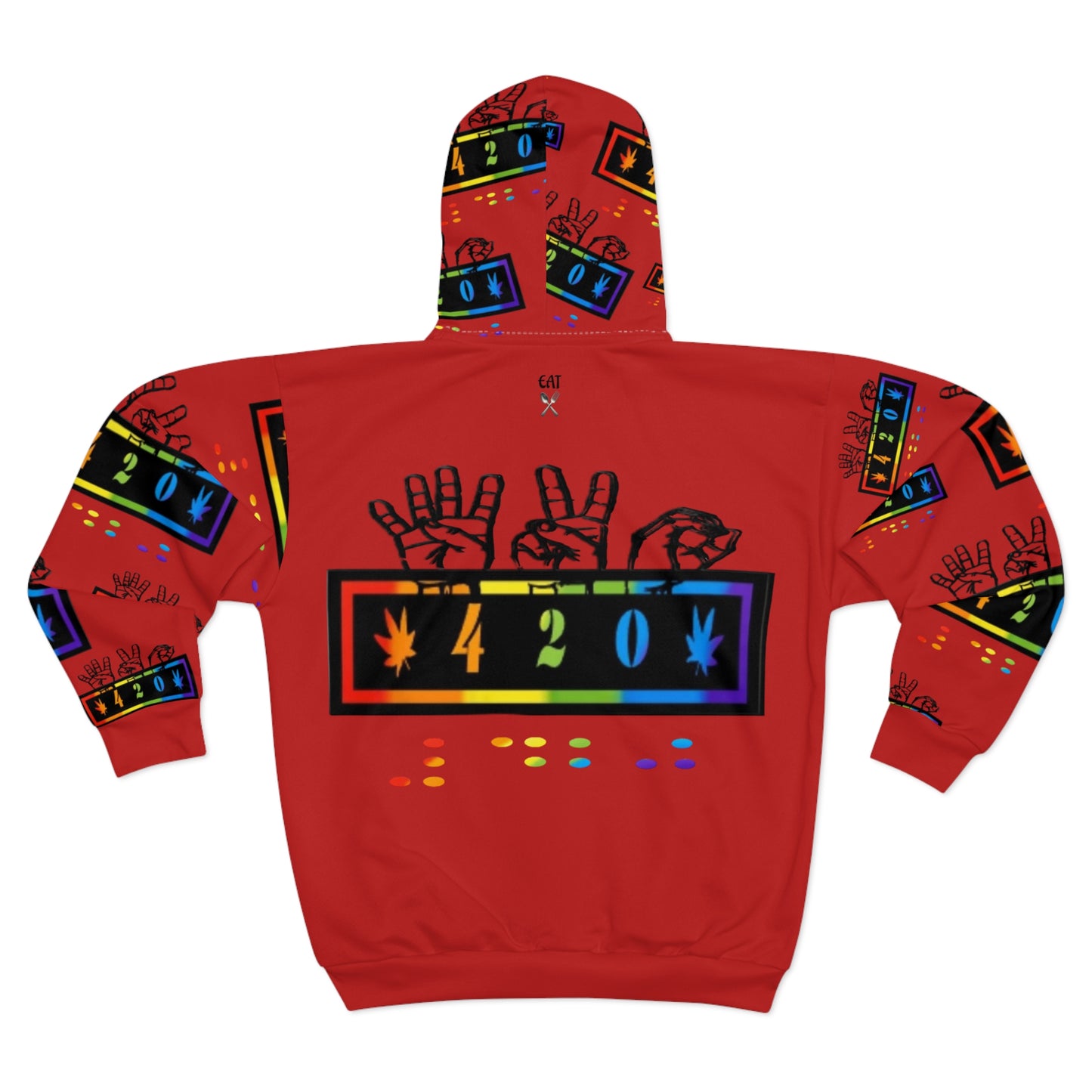 420 Rainbow Zip Red Hoodie — Cannabis Symbol Graphic All-Over Print