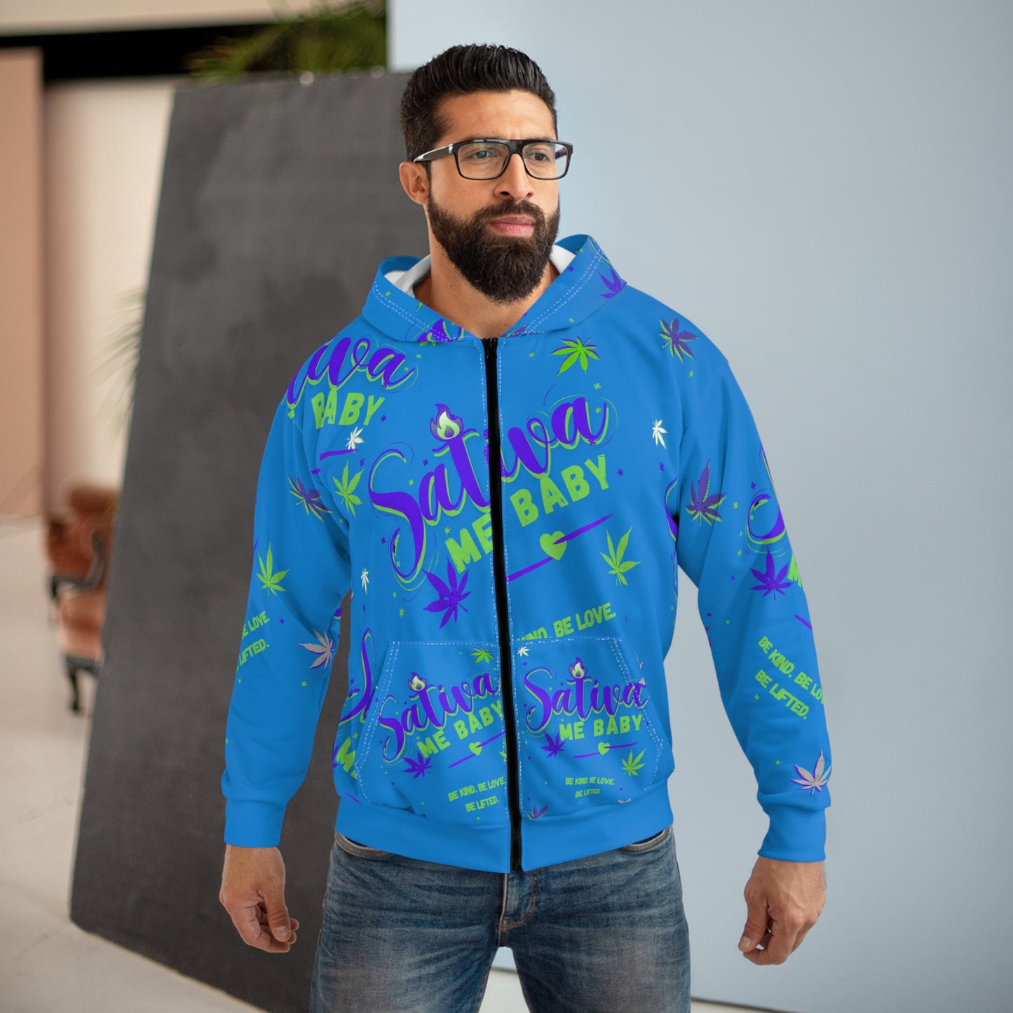 Sativa Me Baby Zip Hoodie — Blue All-Over Cannabis Print