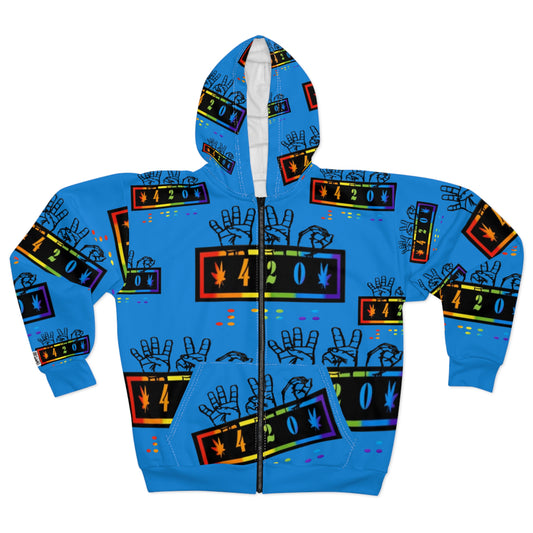 420 Rainbow Zip Blue Hoodie — Cannabis Symbol Graphic All-Over Print