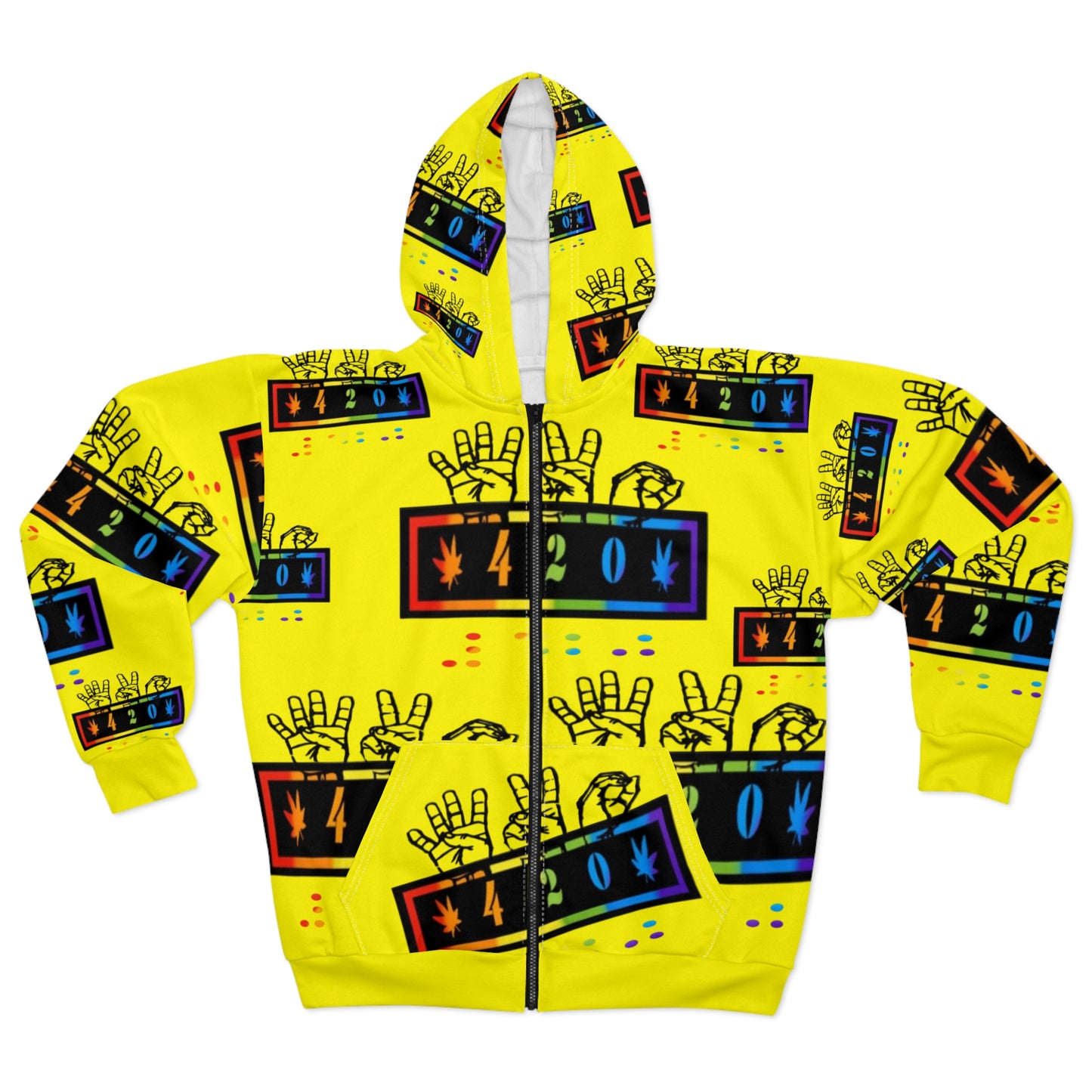 420 Rainbow Zip Yellow Hoodie — Cannabis Symbol Graphic All-Over Print