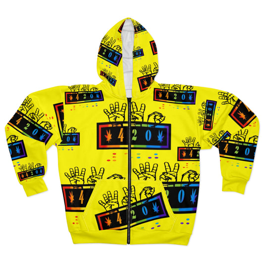 420 Rainbow Zip Yellow Hoodie — Cannabis Symbol Graphic All-Over Print