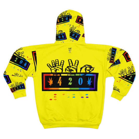 420 Rainbow Zip Yellow Hoodie — Cannabis Symbol Graphic All-Over Print
