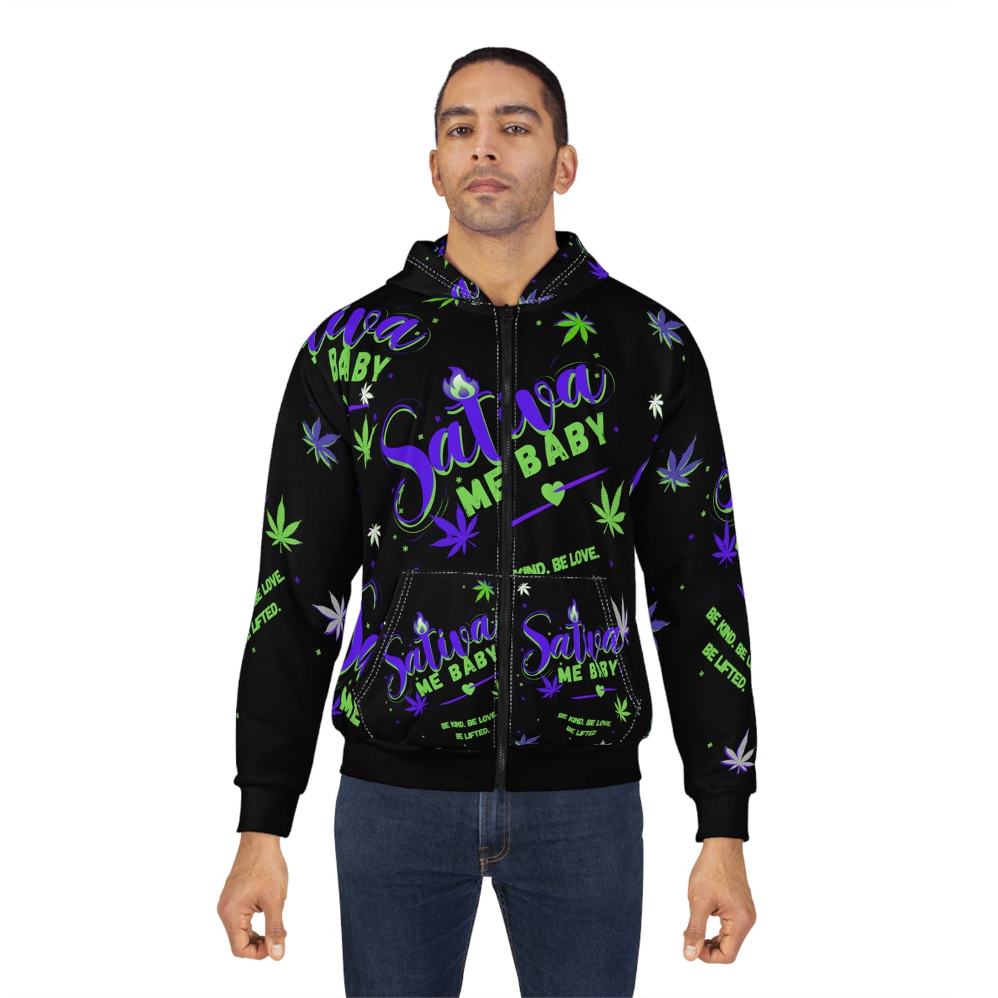 Sativa Me Baby Zip Hoodie — Black All-Over Cannabis Print
