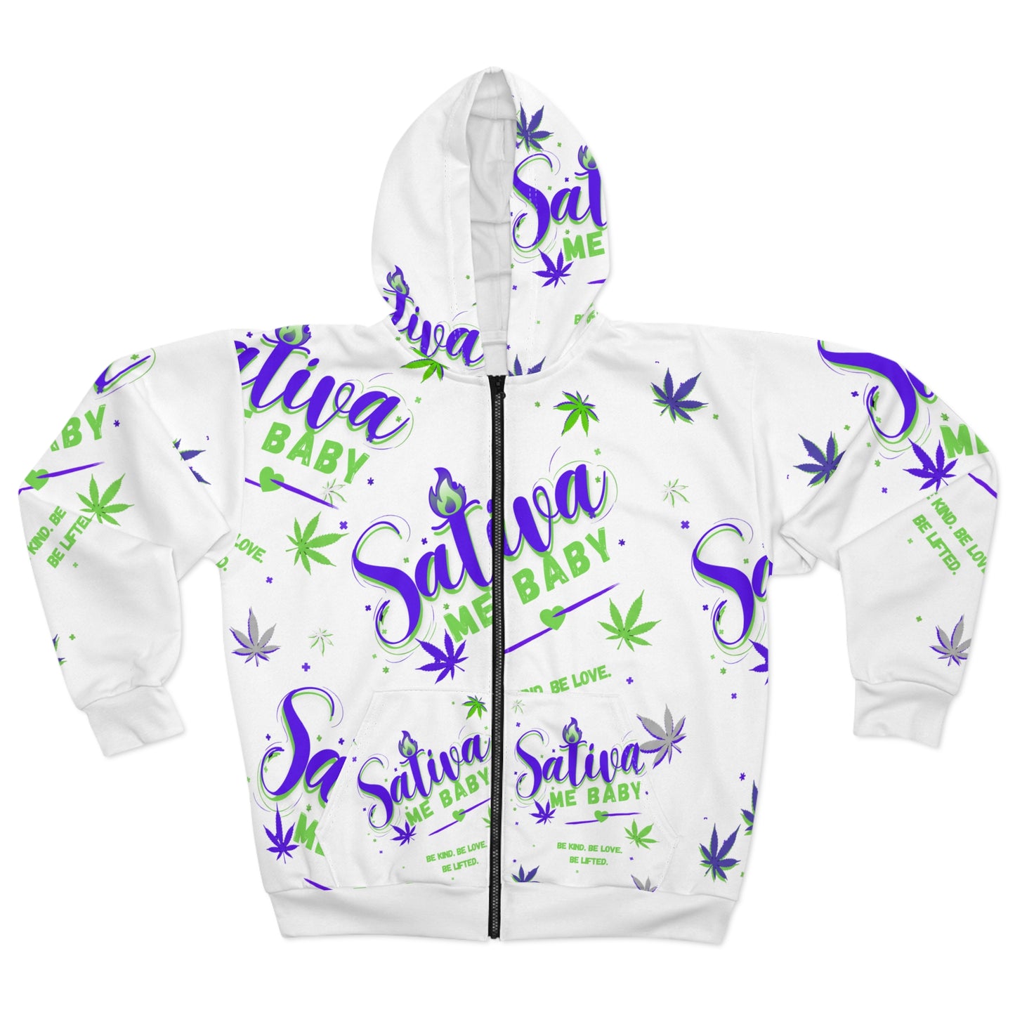 Sativa Me Baby Zip Hoodie — White All-Over Cannabis Print