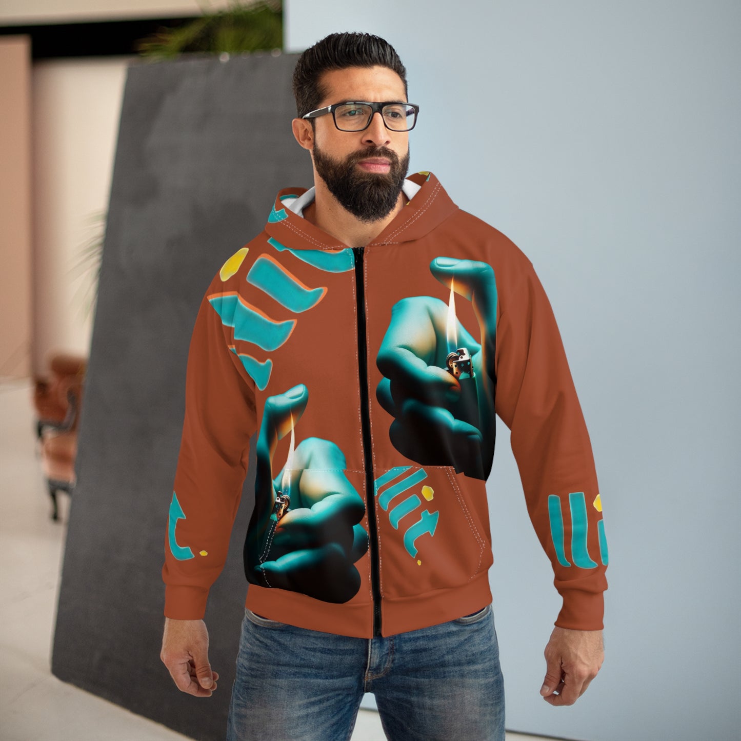 LLit Lighter Flame Zip Hoodie — Photoreal Hands & Flame All-Over Print Hoodie