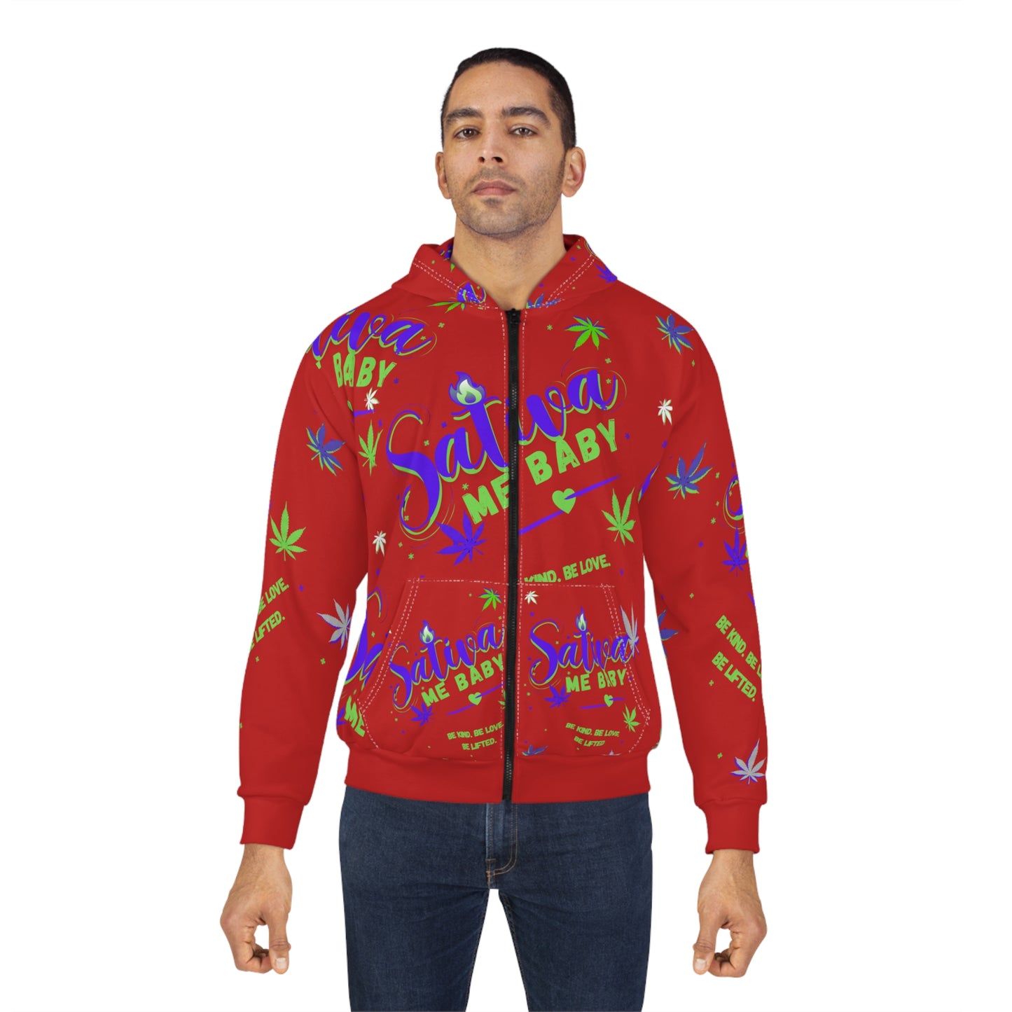 Sativa Me Baby Zip Hoodie — Red All-Over Cannabis Print