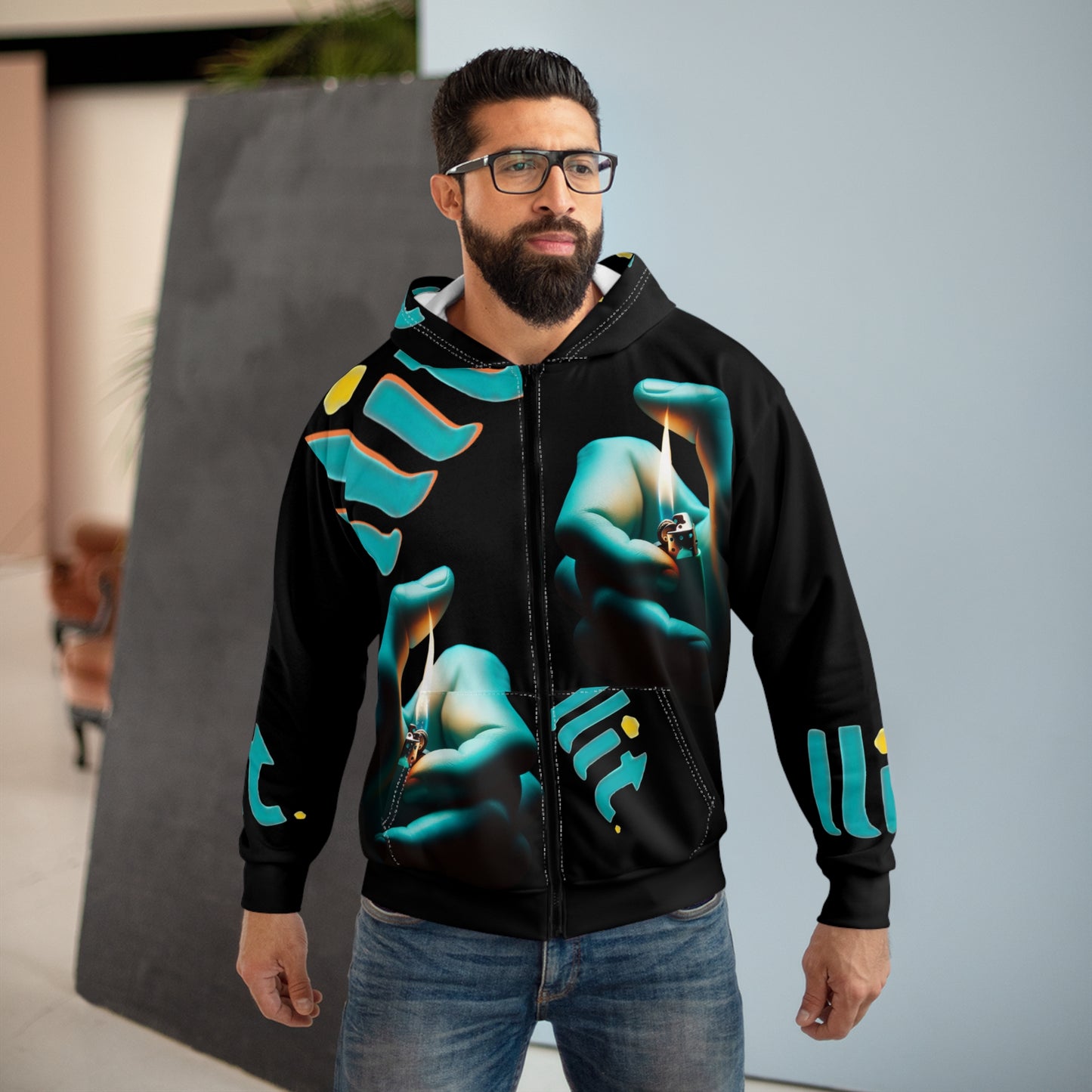 LLit Lighter Flame Zip Hoodie — Photoreal Hands & Flame All-Over Print Hoodie