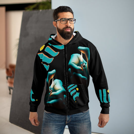 LLit Lighter Flame Zip Hoodie — Photoreal Hands & Flame All-Over Print Hoodie
