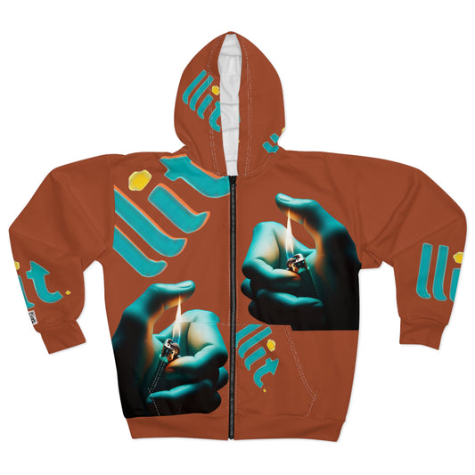 LLit Lighter Flame Zip Hoodie — Photoreal Hands & Flame All-Over Print Hoodie
