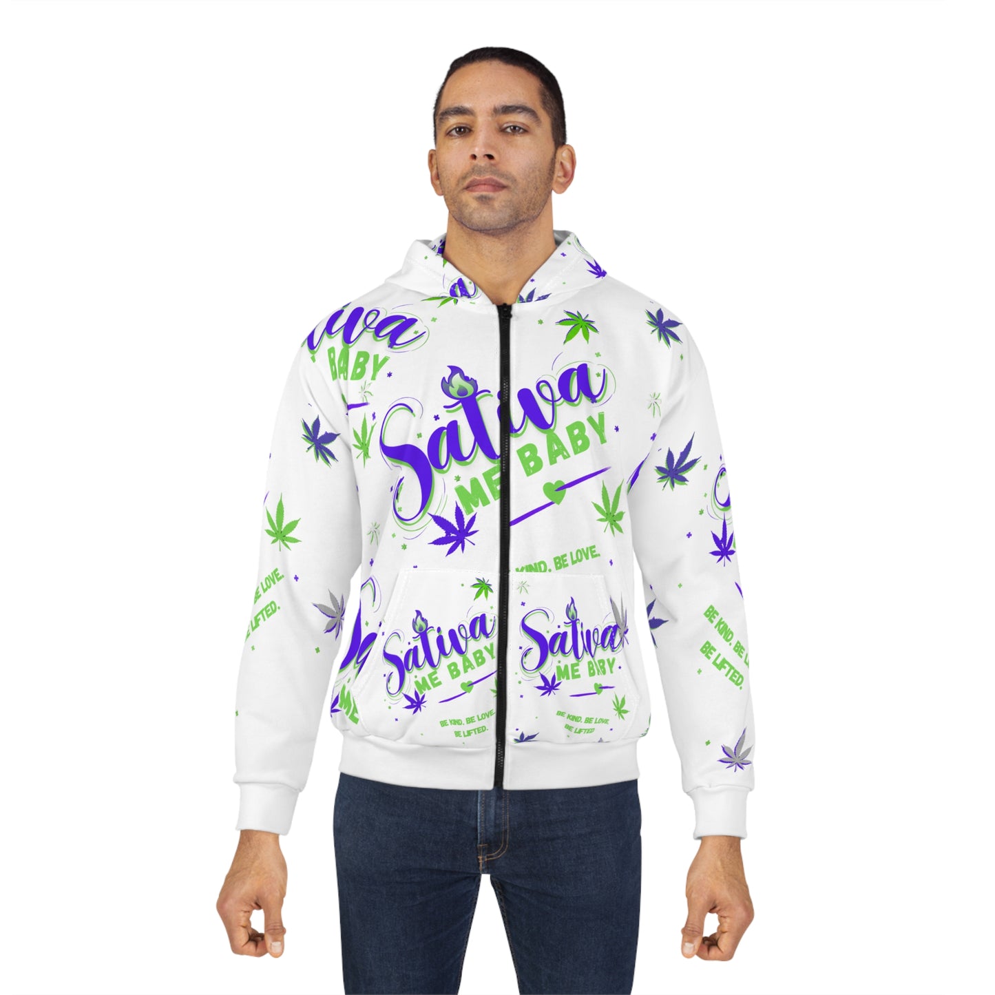 Sativa Me Baby Zip Hoodie — White All-Over Cannabis Print