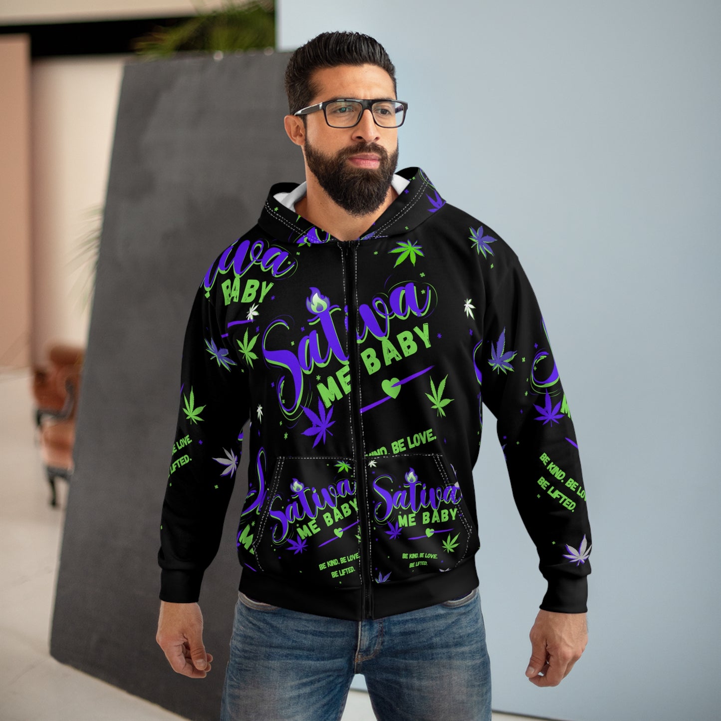 Sativa Me Baby Zip Hoodie — Black All-Over Cannabis Print