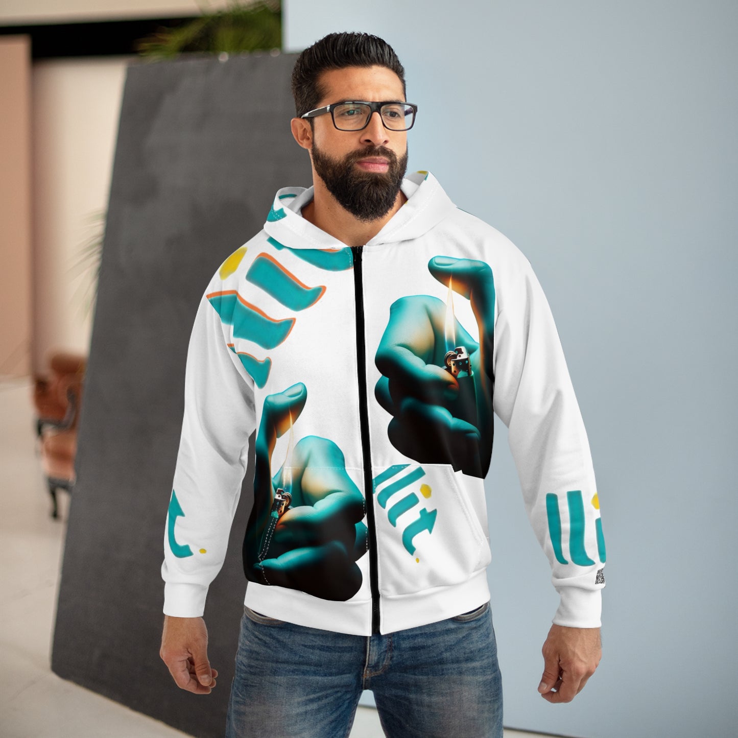 LLit ~ Lighter Hands Zip Hoodie — Bold Photographic All-Over Print