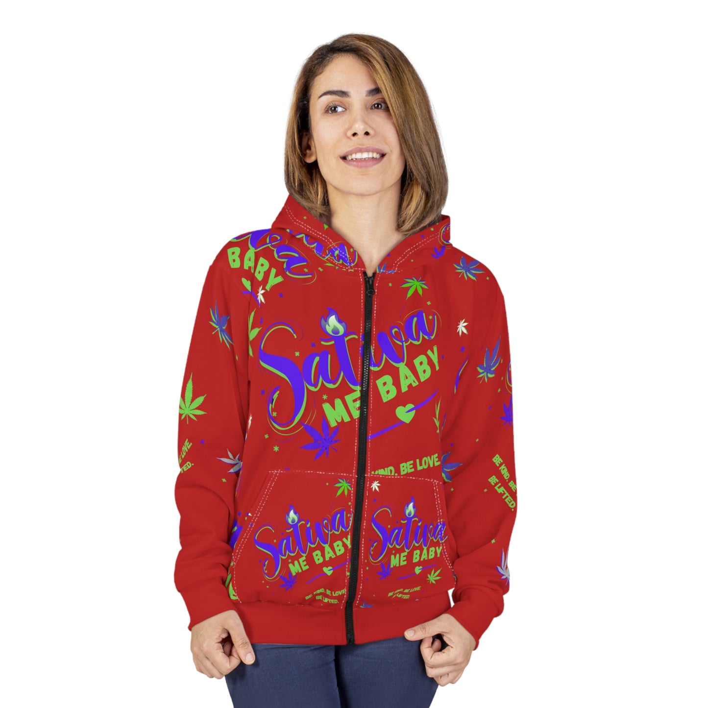 Sativa Me Baby Zip Hoodie — Red All-Over Cannabis Print