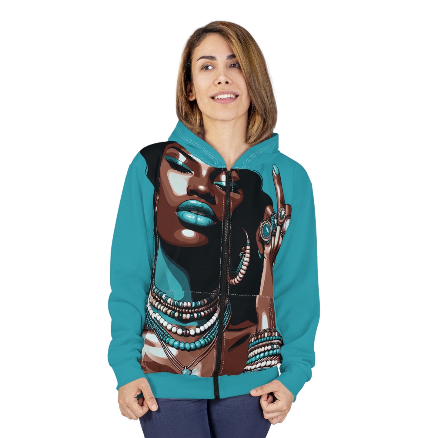 FYF ~ Bold Teal Statement Zip Hoodie — Fierce Queen Graphic