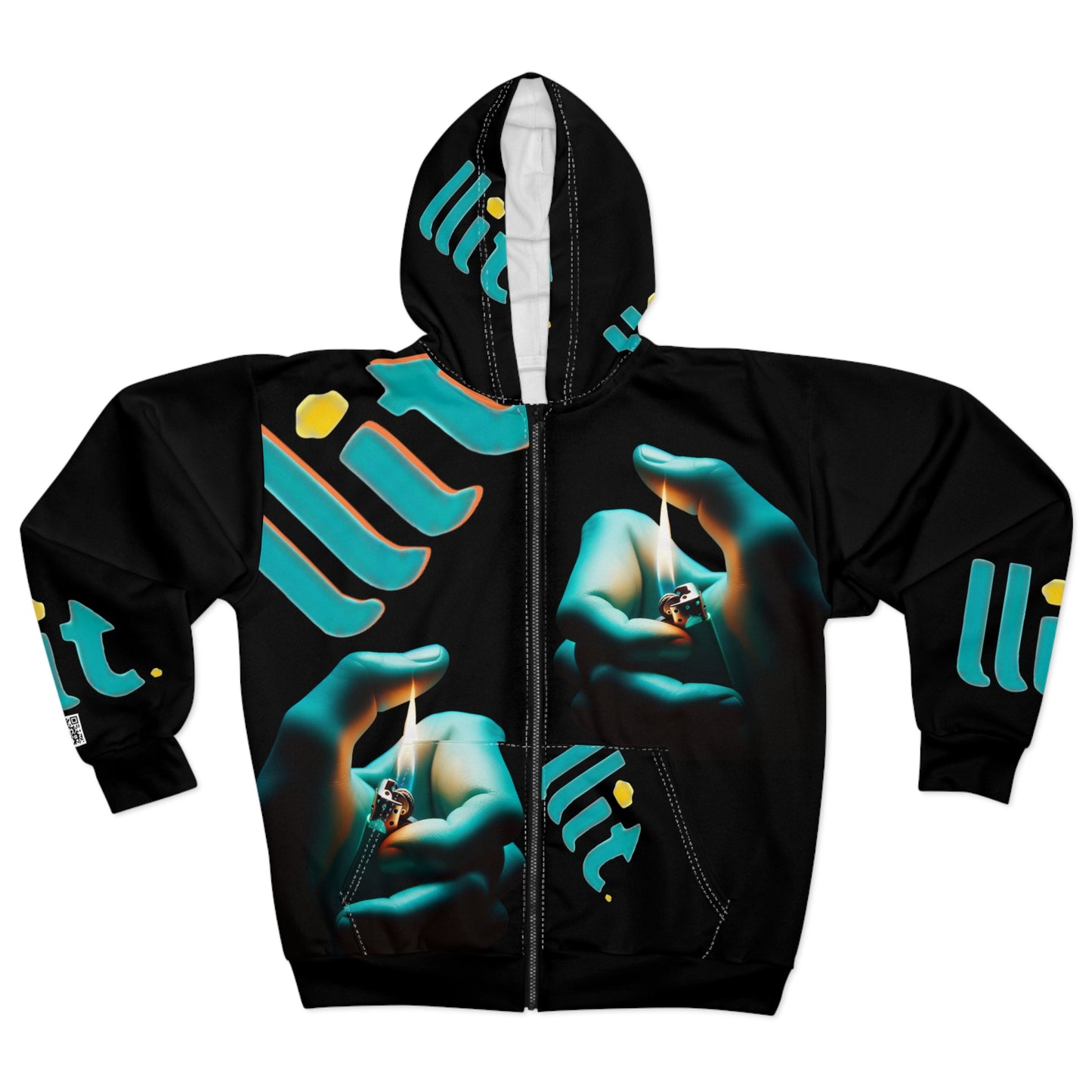 LLit Lighter Flame Zip Hoodie — Photoreal Hands & Flame All-Over Print Hoodie