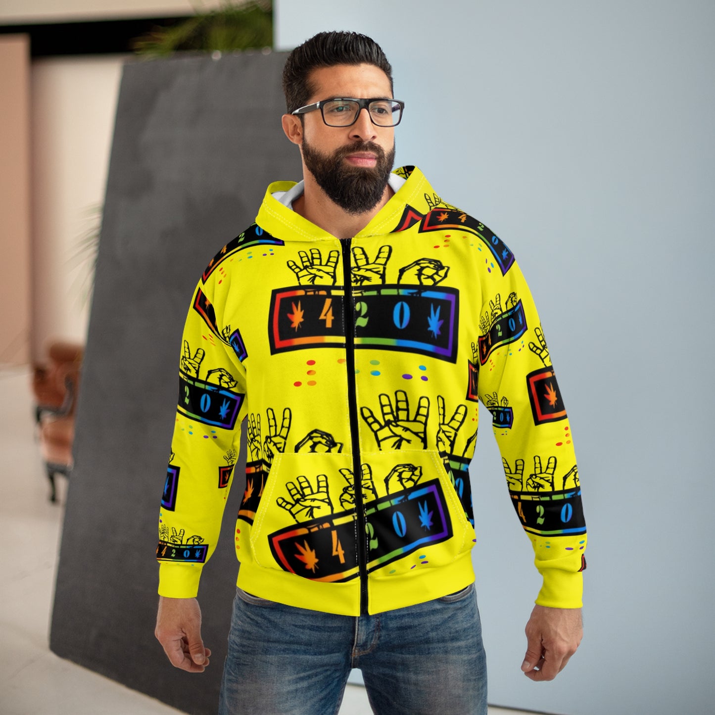 420 Rainbow Zip Yellow Hoodie — Cannabis Symbol Graphic All-Over Print