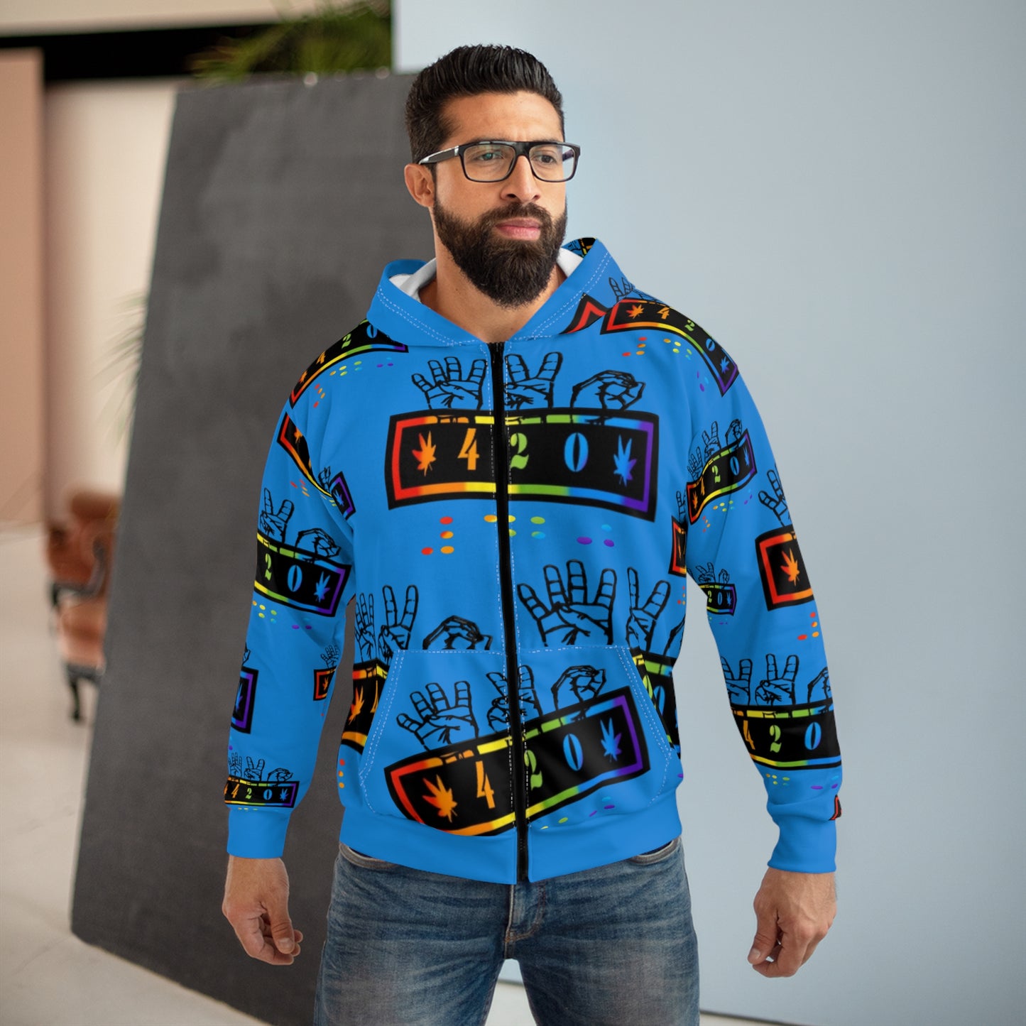 420 Rainbow Zip Blue Hoodie — Cannabis Symbol Graphic All-Over Print