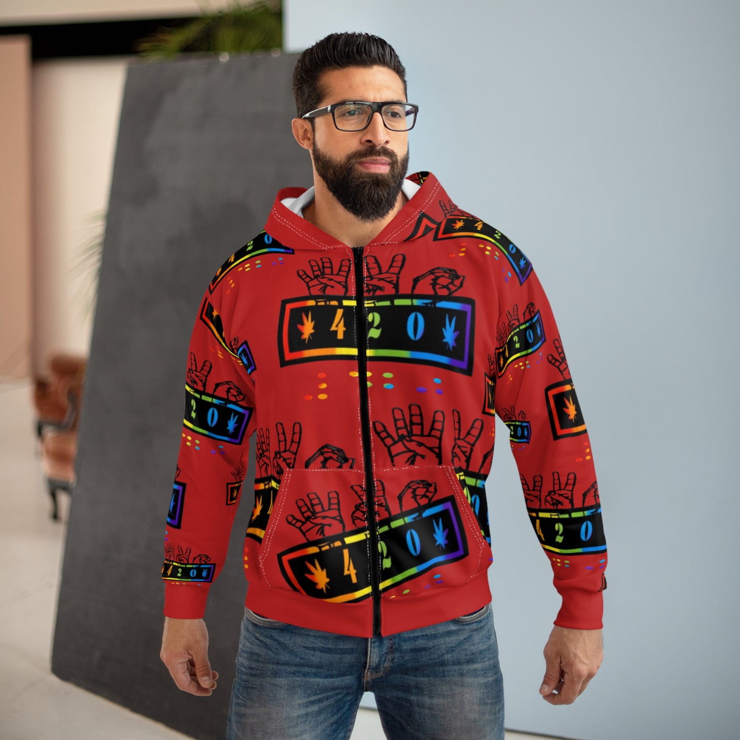 420 Rainbow Zip Red Hoodie — Cannabis Symbol Graphic All-Over Print