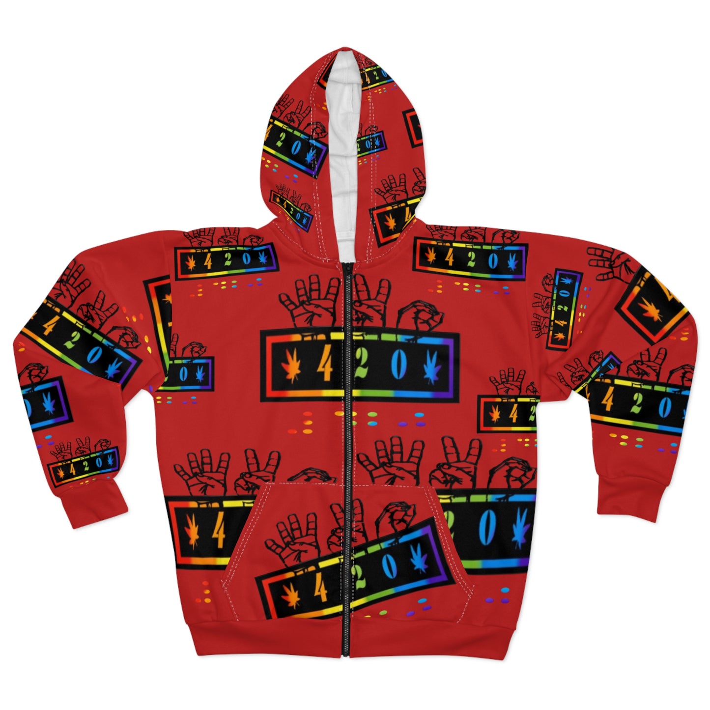 420 Rainbow Zip Red Hoodie — Cannabis Symbol Graphic All-Over Print