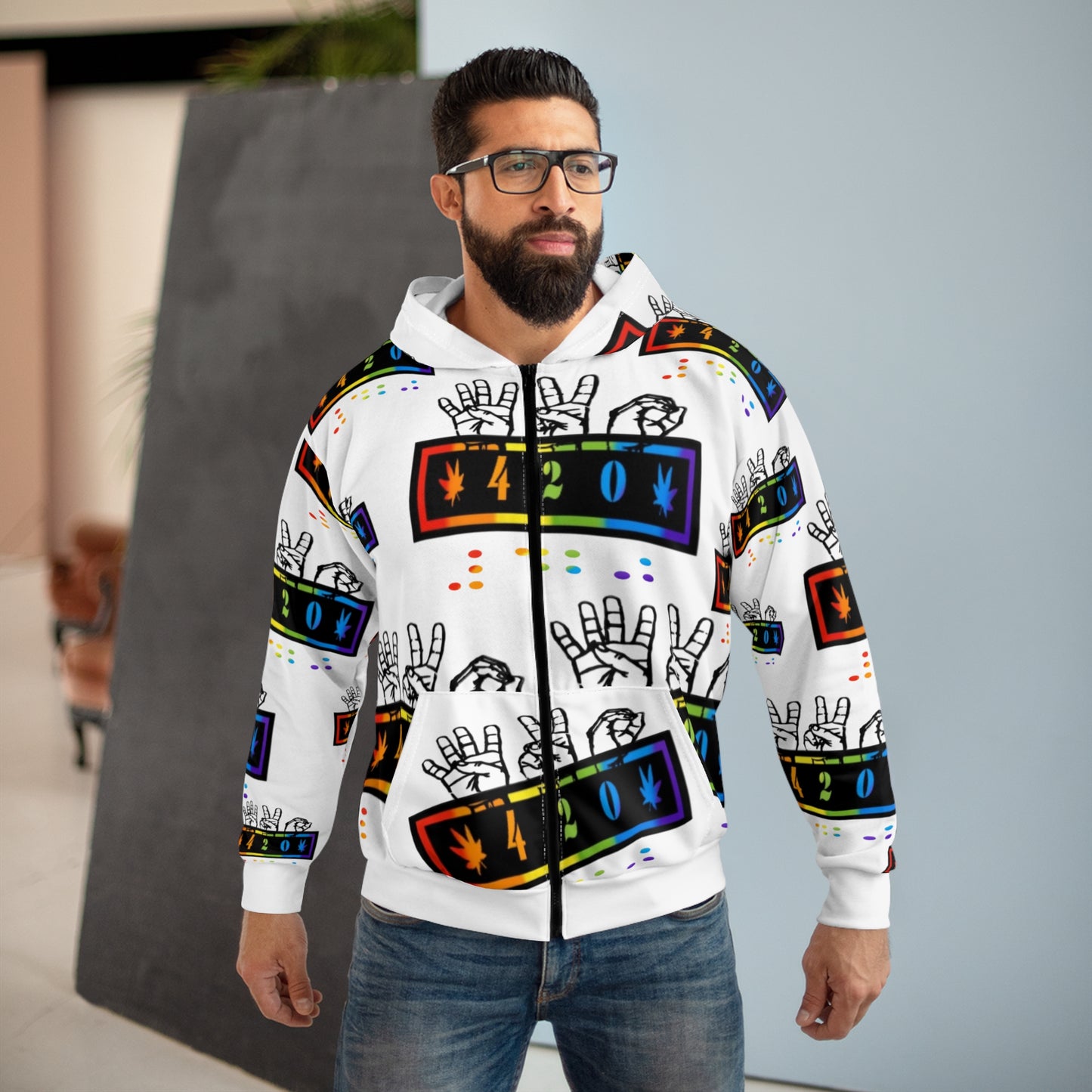 420 Rainbow Zip Hoodie — Cannabis Symbol Graphic All-Over Print