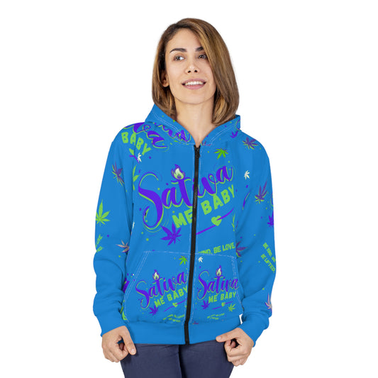 Sativa Me Baby Zip Hoodie — Blue All-Over Cannabis Print