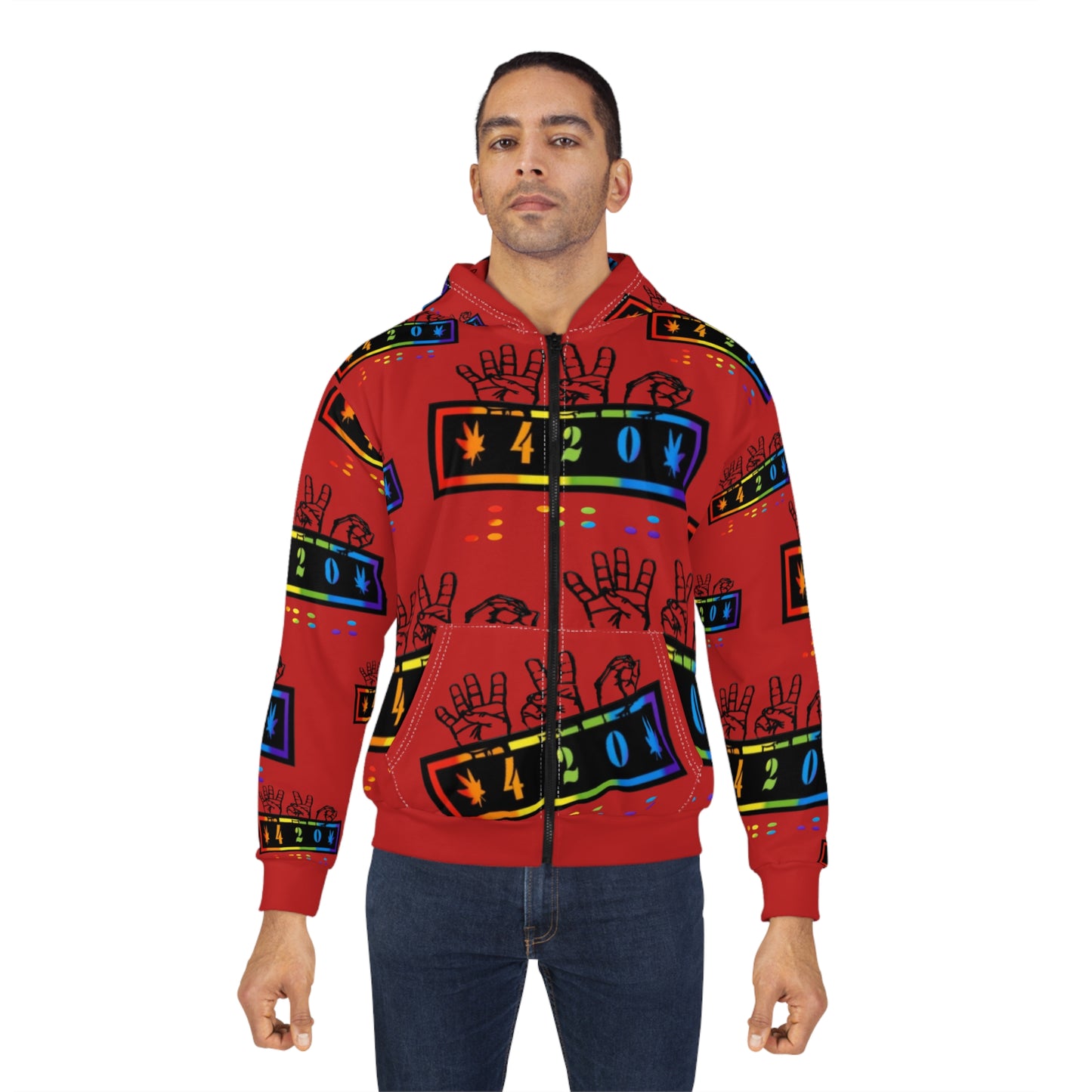 420 Rainbow Zip Red Hoodie — Cannabis Symbol Graphic All-Over Print